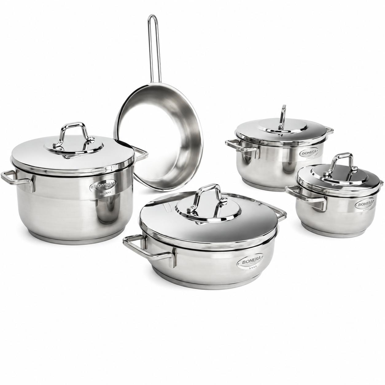 BONERA Natura 9-teiliges Edelstahl Kochgeschirr-Set 18/10 Edelstahl | 4 Töpfe mit Deckeln + Pfanne
