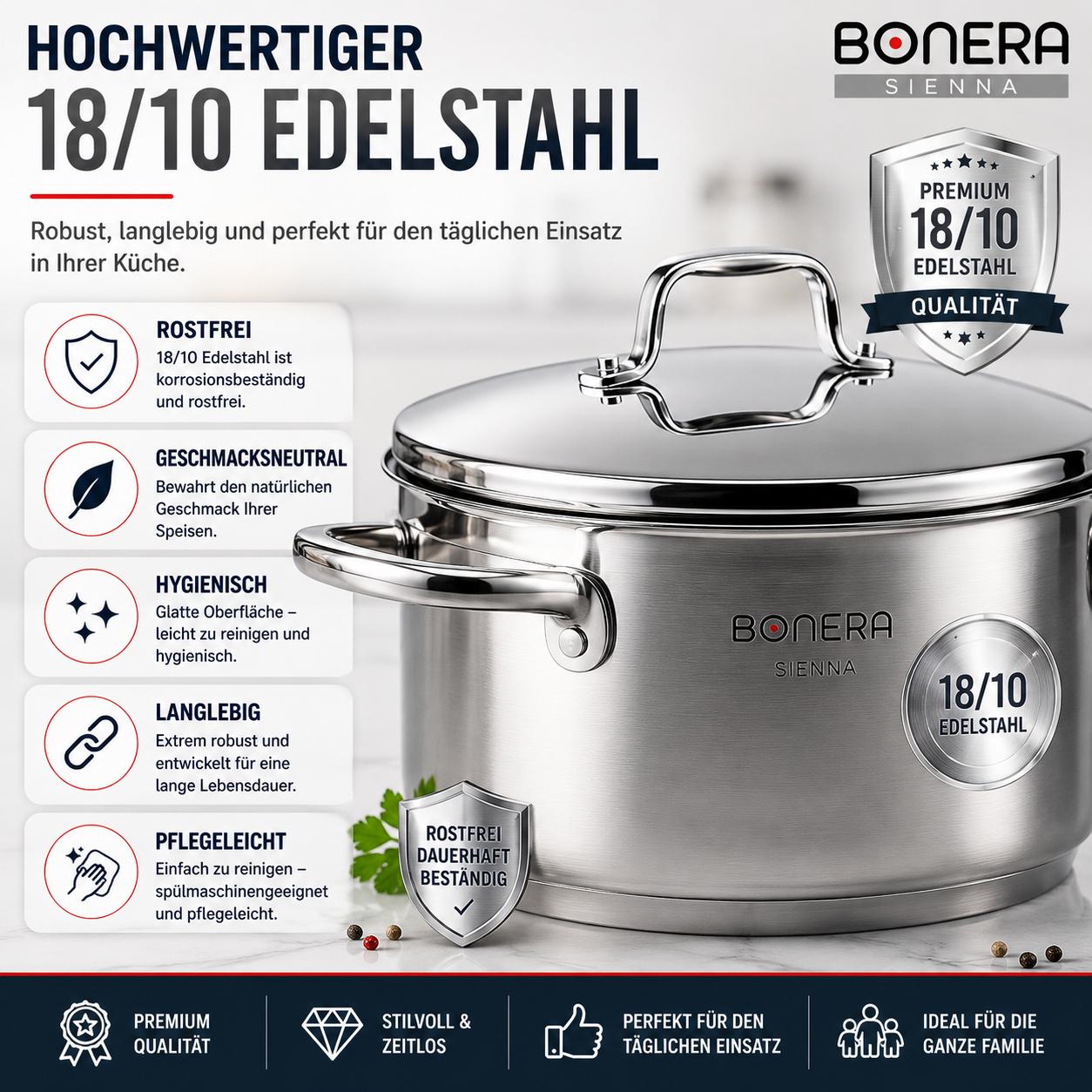 BONERA Natura 9-teiliges Edelstahl Kochgeschirr-Set 18/10 Edelstahl | 4 Töpfe mit Deckeln + Pfanne