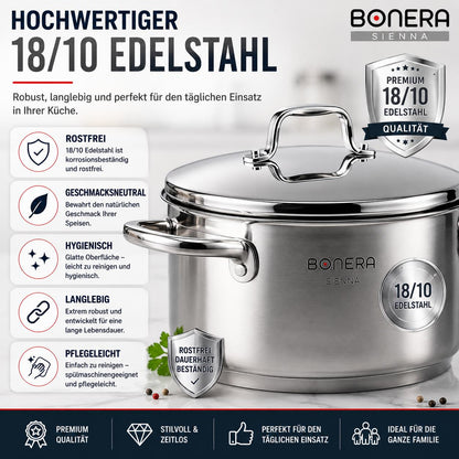 BONERA Natura 9-teiliges Edelstahl Kochgeschirr-Set 18/10 Edelstahl | 4 Töpfe mit Deckeln + Pfanne