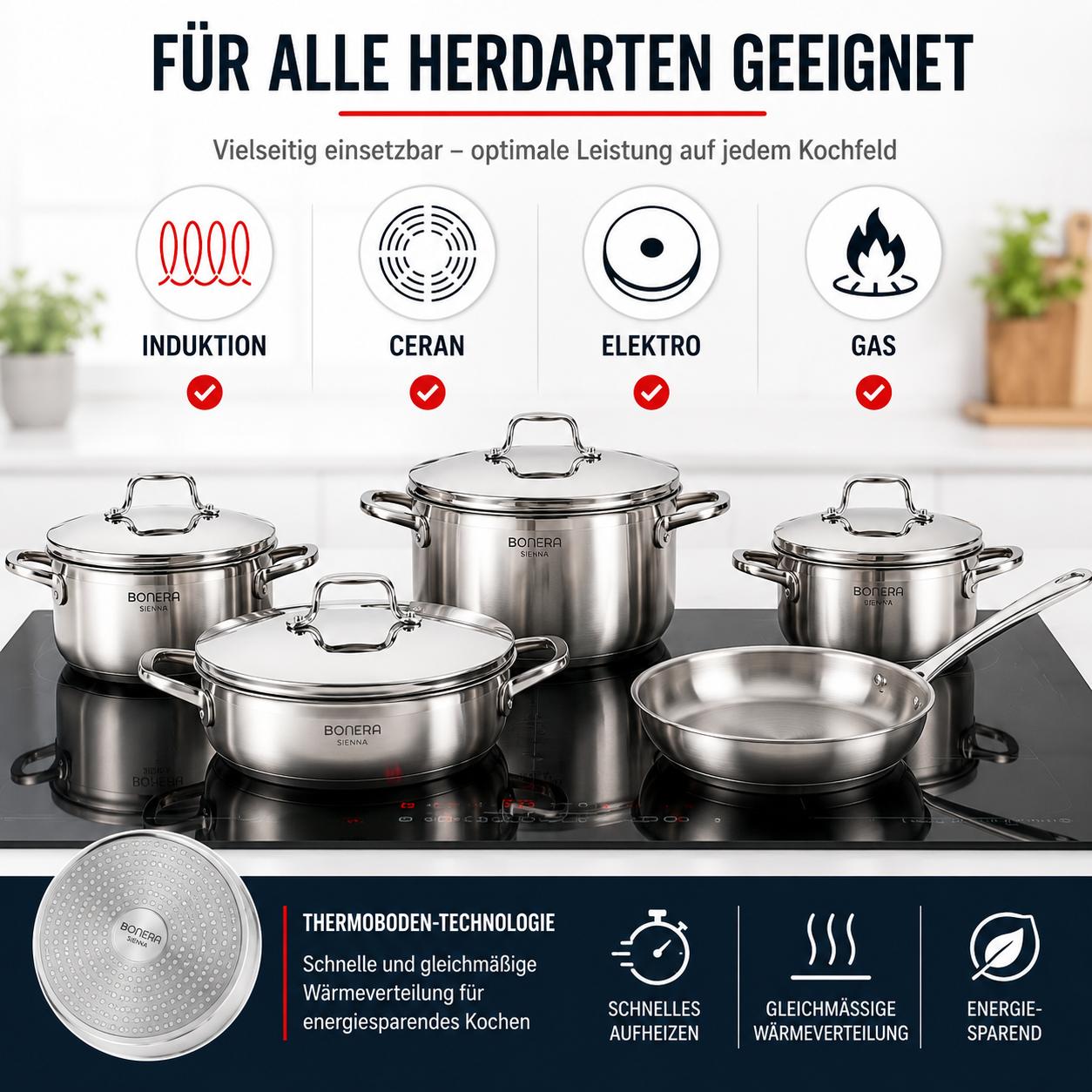 BONERA Natura 9-teiliges Edelstahl Kochgeschirr-Set 18/10 Edelstahl | 4 Töpfe mit Deckeln + Pfanne