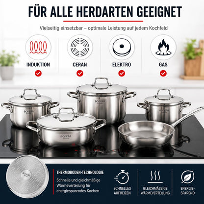 BONERA Natura 9-teiliges Edelstahl Kochgeschirr-Set 18/10 Edelstahl | 4 Töpfe mit Deckeln + Pfanne