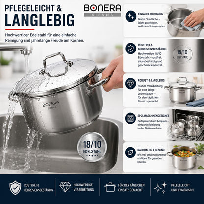 BONERA Natura 9-teiliges Edelstahl Kochgeschirr-Set 18/10 Edelstahl | 4 Töpfe mit Deckeln + Pfanne