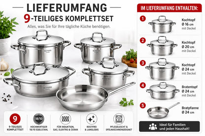 BONERA Natura 9-teiliges Edelstahl Kochgeschirr-Set 18/10 Edelstahl | 4 Töpfe mit Deckeln + Pfanne