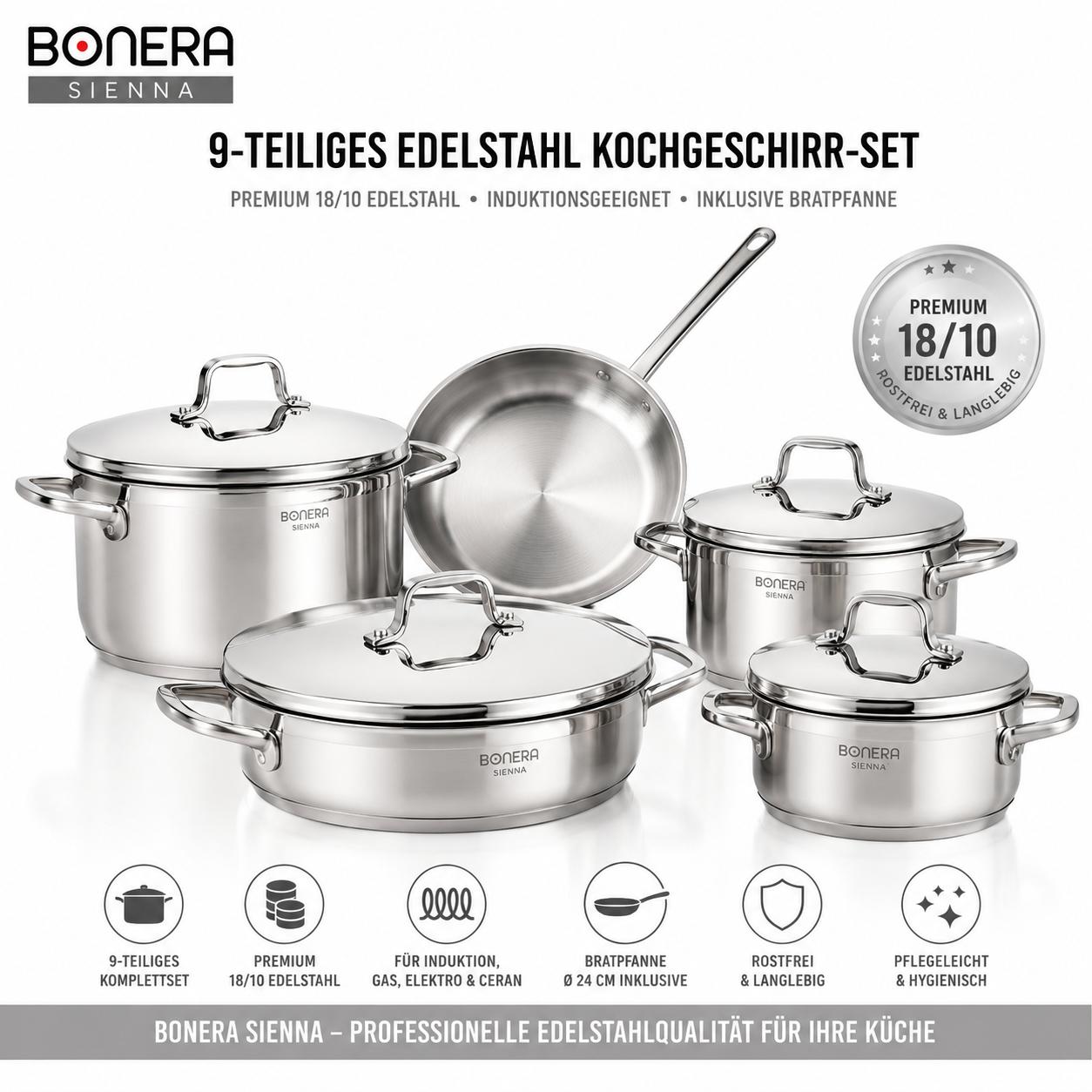 BONERA Natura 9-teiliges Edelstahl Kochgeschirr-Set 18/10 Edelstahl | 4 Töpfe mit Deckeln + Pfanne