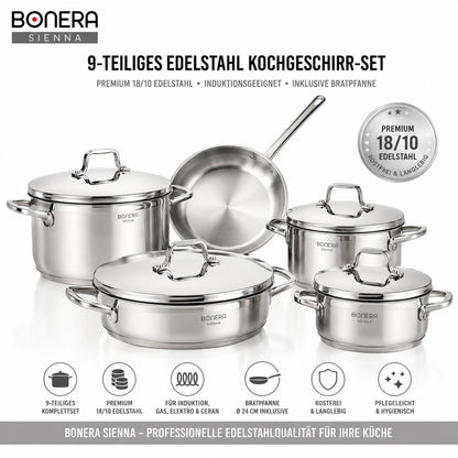 BONERA Natura 9-teiliges Edelstahl Kochgeschirr-Set 18/10 Edelstahl | 4 Töpfe mit Deckeln + Pfanne