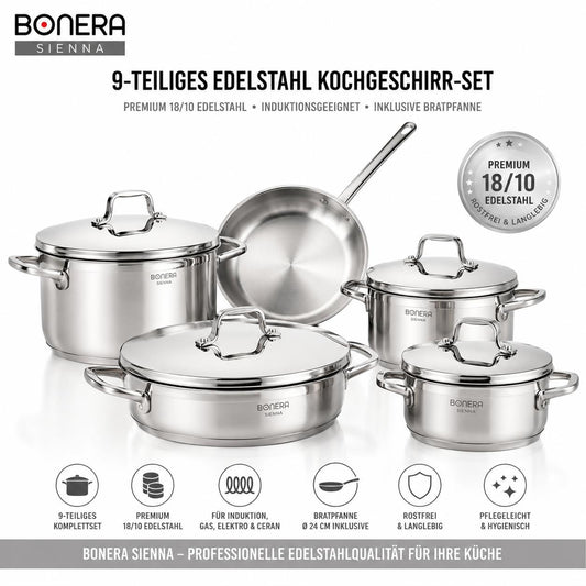 BONERA Natura 9-teiliges Edelstahl Kochgeschirr-Set 18/10 Edelstahl | 4 Töpfe mit Deckeln + Pfanne