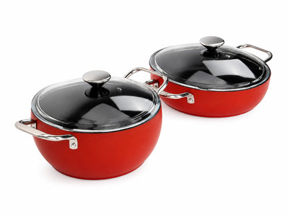 Bonera Pro Plus 4-teiliges Kochtopf-Set Rot Aluminium mit Antihaftbeschichtung Glasdeckel  Belly Shape Design Ø22 cm & Ø24 cm