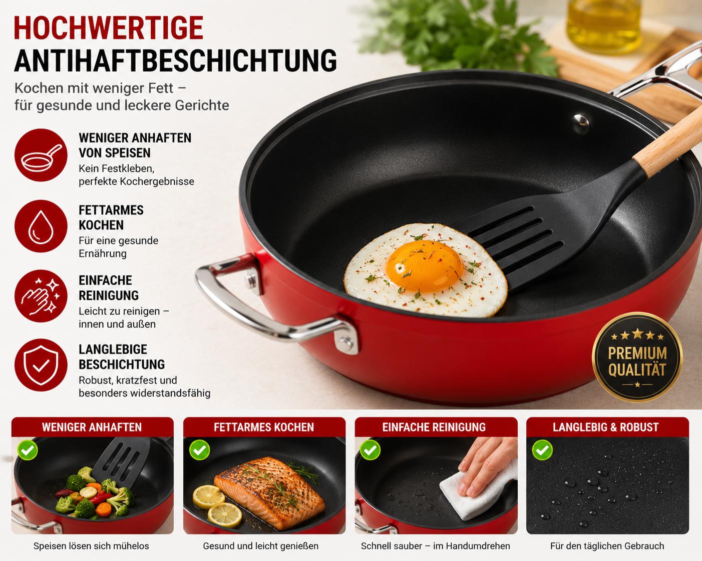 Bonera Pro Plus 4-teiliges Kochtopf-Set Rot Aluminium mit Antihaftbeschichtung Glasdeckel  Belly Shape Design Ø22 cm & Ø24 cm