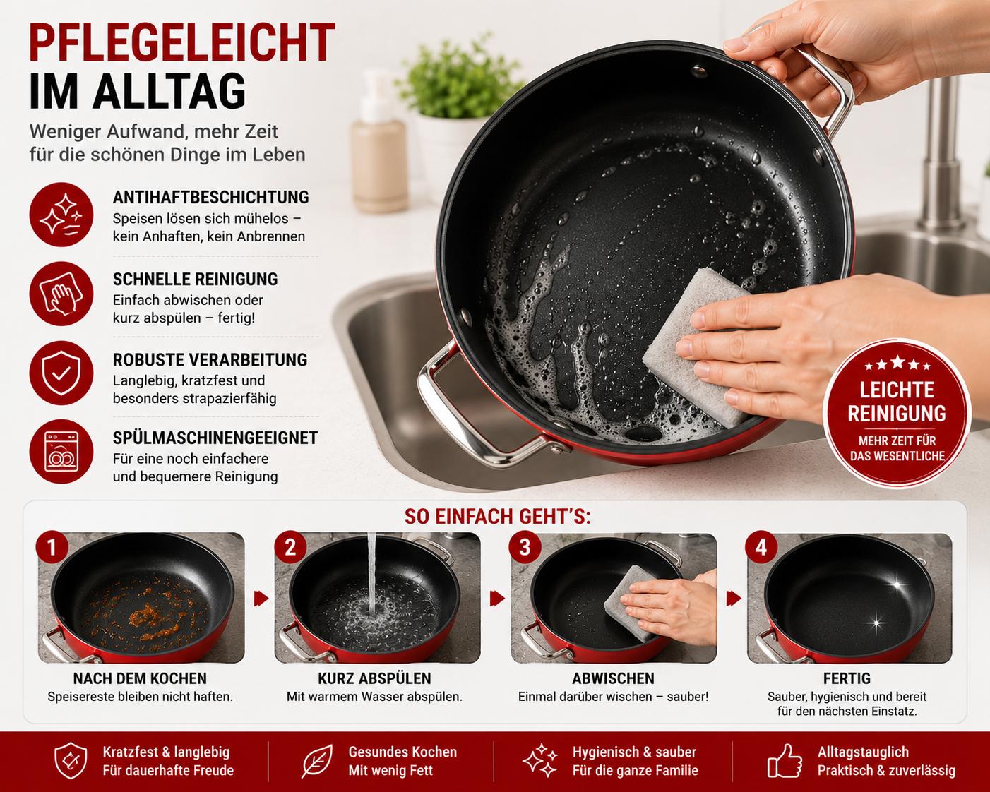 Bonera Pro Plus 4-teiliges Kochtopf-Set Rot Aluminium mit Antihaftbeschichtung Glasdeckel  Belly Shape Design Ø22 cm & Ø24 cm
