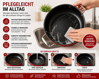 Bonera Pro Plus 4-teiliges Kochtopf-Set Rot Aluminium mit Antihaftbeschichtung Glasdeckel  Belly Shape Design Ø22 cm & Ø24 cm