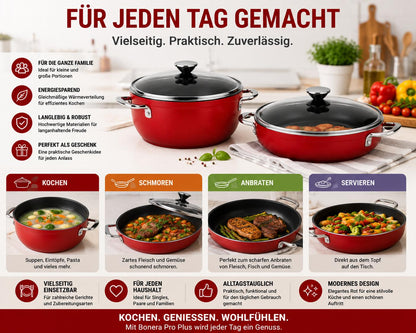 Bonera Pro Plus 4-teiliges Kochtopf-Set Rot Aluminium mit Antihaftbeschichtung Glasdeckel  Belly Shape Design Ø22 cm & Ø24 cm