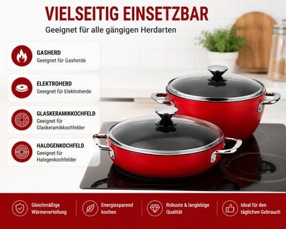 Bonera Pro Plus 4-teiliges Kochtopf-Set Rot Aluminium mit Antihaftbeschichtung Glasdeckel  Belly Shape Design Ø22 cm & Ø24 cm