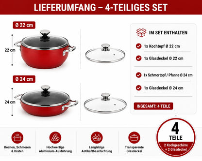 Bonera Pro Plus 4-teiliges Kochtopf-Set Rot Aluminium mit Antihaftbeschichtung Glasdeckel  Belly Shape Design Ø22 cm & Ø24 cm