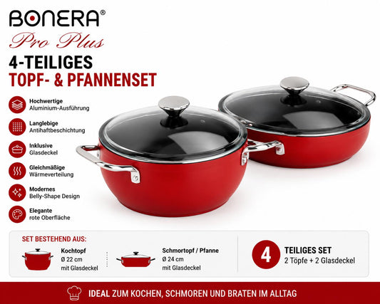 Bonera Pro Plus 4-teiliges Kochtopf-Set Rot Aluminium mit Antihaftbeschichtung Glasdeckel  Belly Shape Design Ø22 cm & Ø24 cm