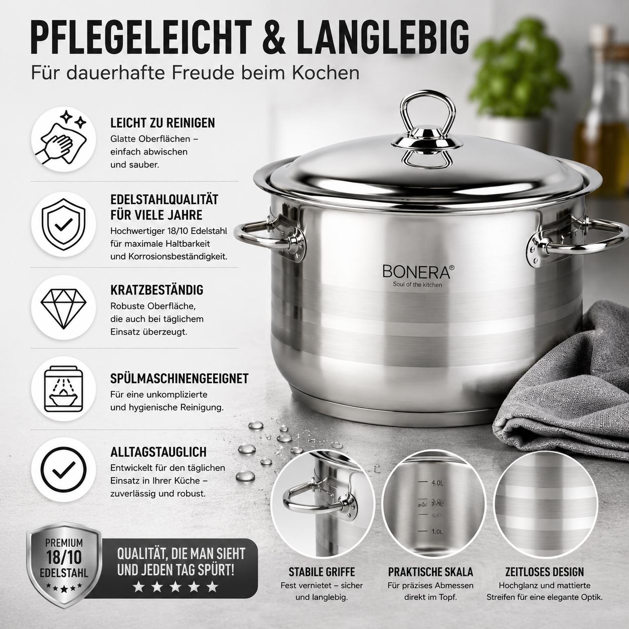 Bonera Masterchef Large 10-teiliges Edelstahl Kochtopfset 18/10 Edelstahl 5 Töpfe mit Glasdeckeln Induktionsgeeignet