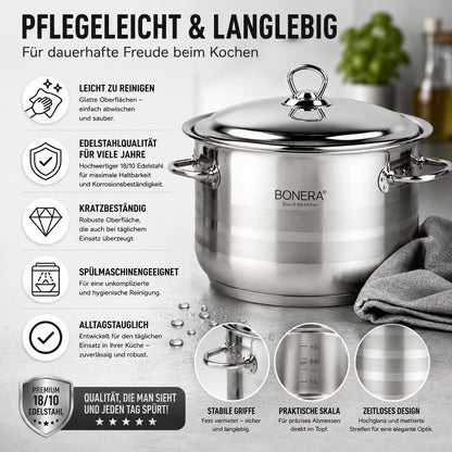 Bonera Masterchef Large 10-teiliges Edelstahl Kochtopfset 18/10 Edelstahl 5 Töpfe mit Glasdeckeln Induktionsgeeignet