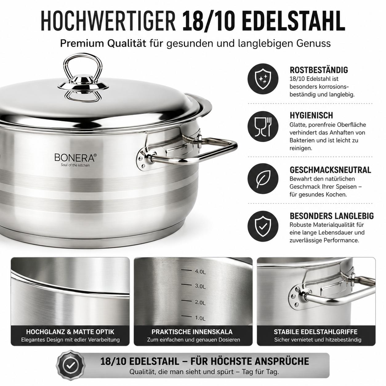 Bonera Masterchef Large 10-teiliges Edelstahl Kochtopfset 18/10 Edelstahl 5 Töpfe mit Glasdeckeln Induktionsgeeignet