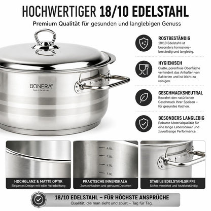 Bonera Masterchef Large 10-teiliges Edelstahl Kochtopfset 18/10 Edelstahl 5 Töpfe mit Glasdeckeln Induktionsgeeignet