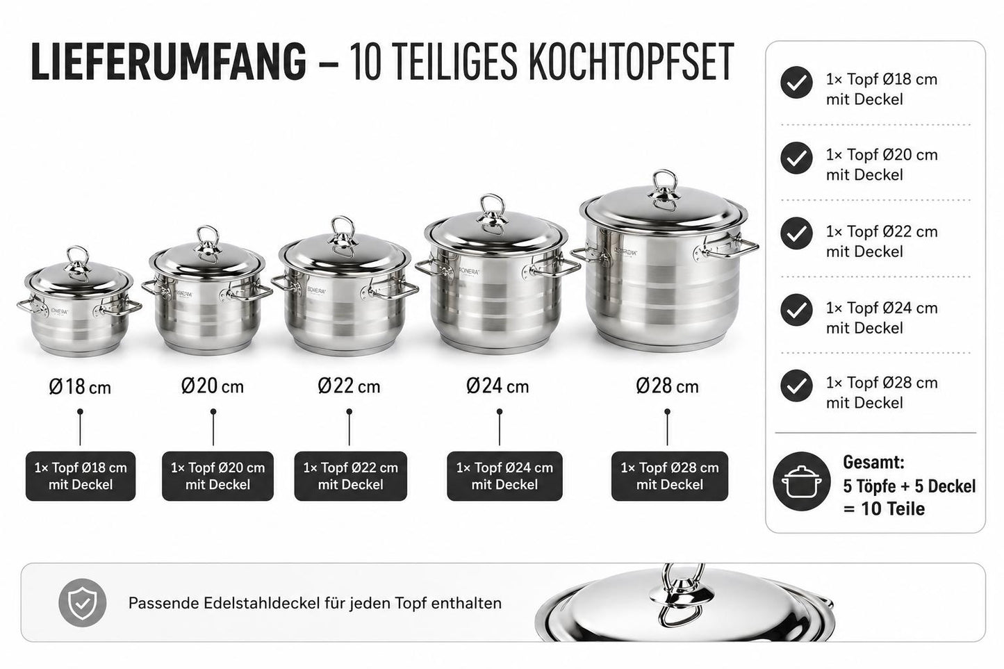 Bonera Masterchef Large 10-teiliges Edelstahl Kochtopfset 18/10 Edelstahl 5 Töpfe mit Glasdeckeln Induktionsgeeignet