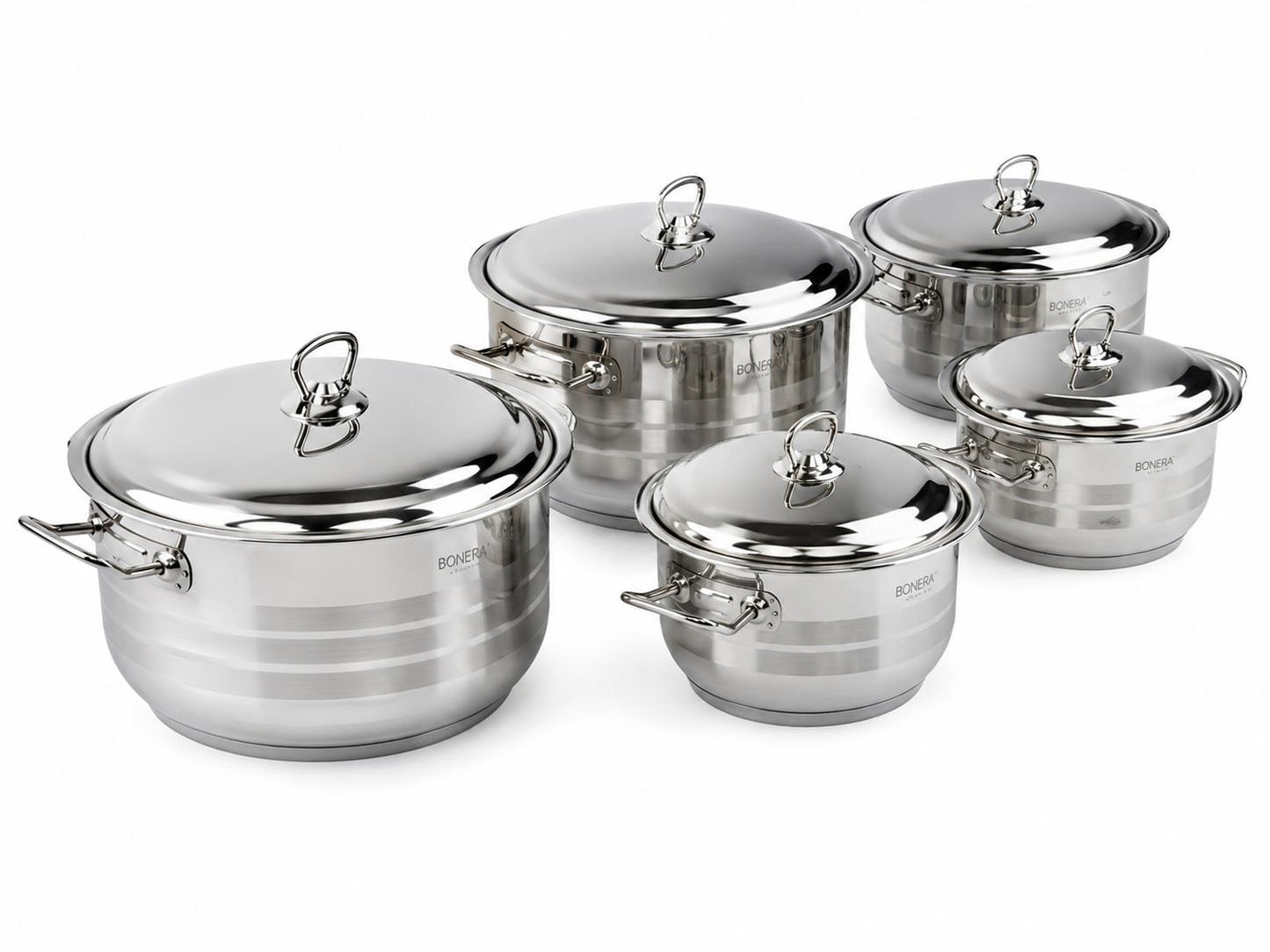 Bonera Masterchef Large 10-teiliges Edelstahl Kochtopfset 18/10 Edelstahl 5 Töpfe mit Glasdeckeln Induktionsgeeignet
