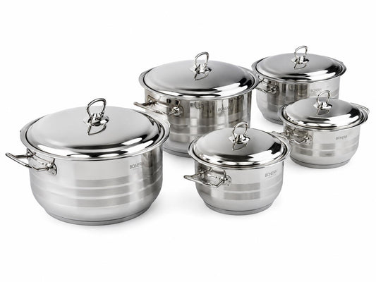 Bonera Masterchef Large 10-teiliges Edelstahl Kochtopfset 18/10 Edelstahl 5 Töpfe mit Glasdeckeln Induktionsgeeignet