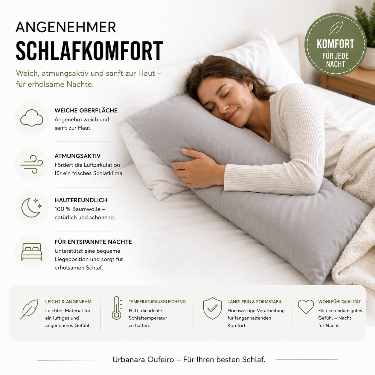 Urbanara Oufeiro Kissenbezug Hellgrau 100% Baumwolle Kopfkissenbezug 40 x 140 cm