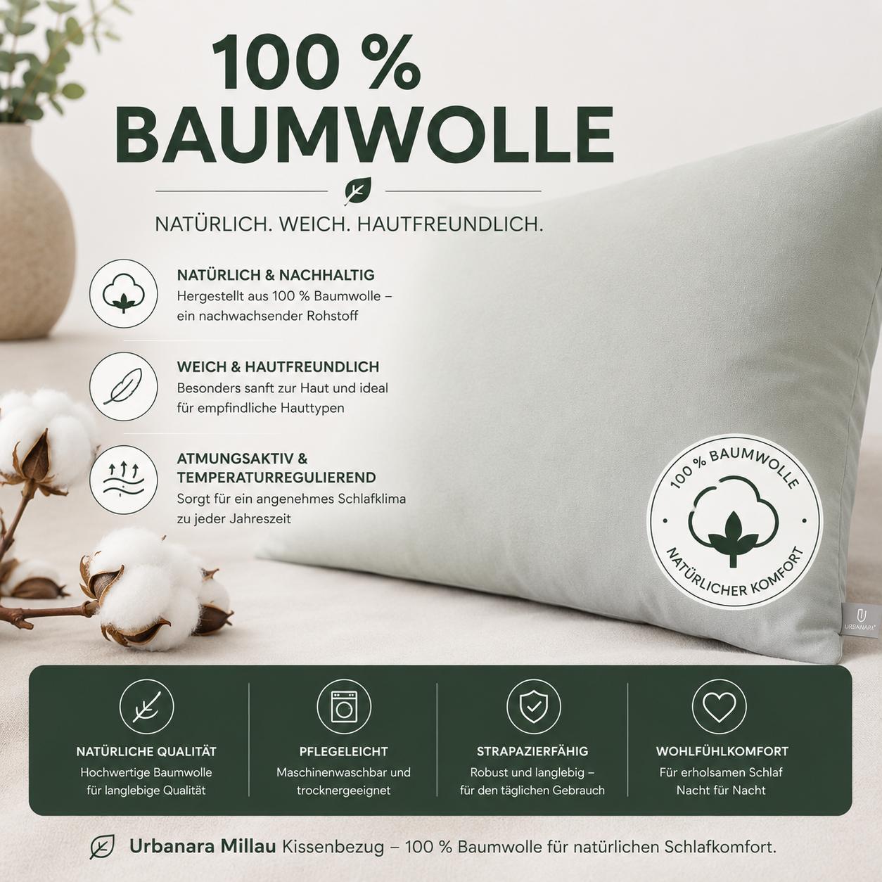 Urbanara Millau Kissenbezug Helles Grüngrau 70x90 cm 100% Baumwolle