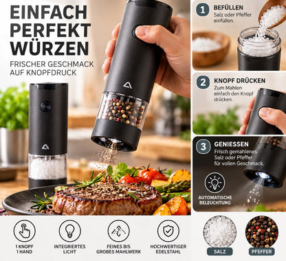 Elektrische Salz- & Pfeffermühle Edelstahl 70 ml mit LED Beleuchtung 2 Stück